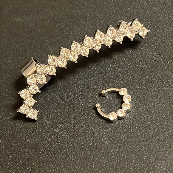 NWT Silver Plated Crystal Cubic Zoconia Ear Climber Cuff & Nose Ring Set - Picture 4 of 7